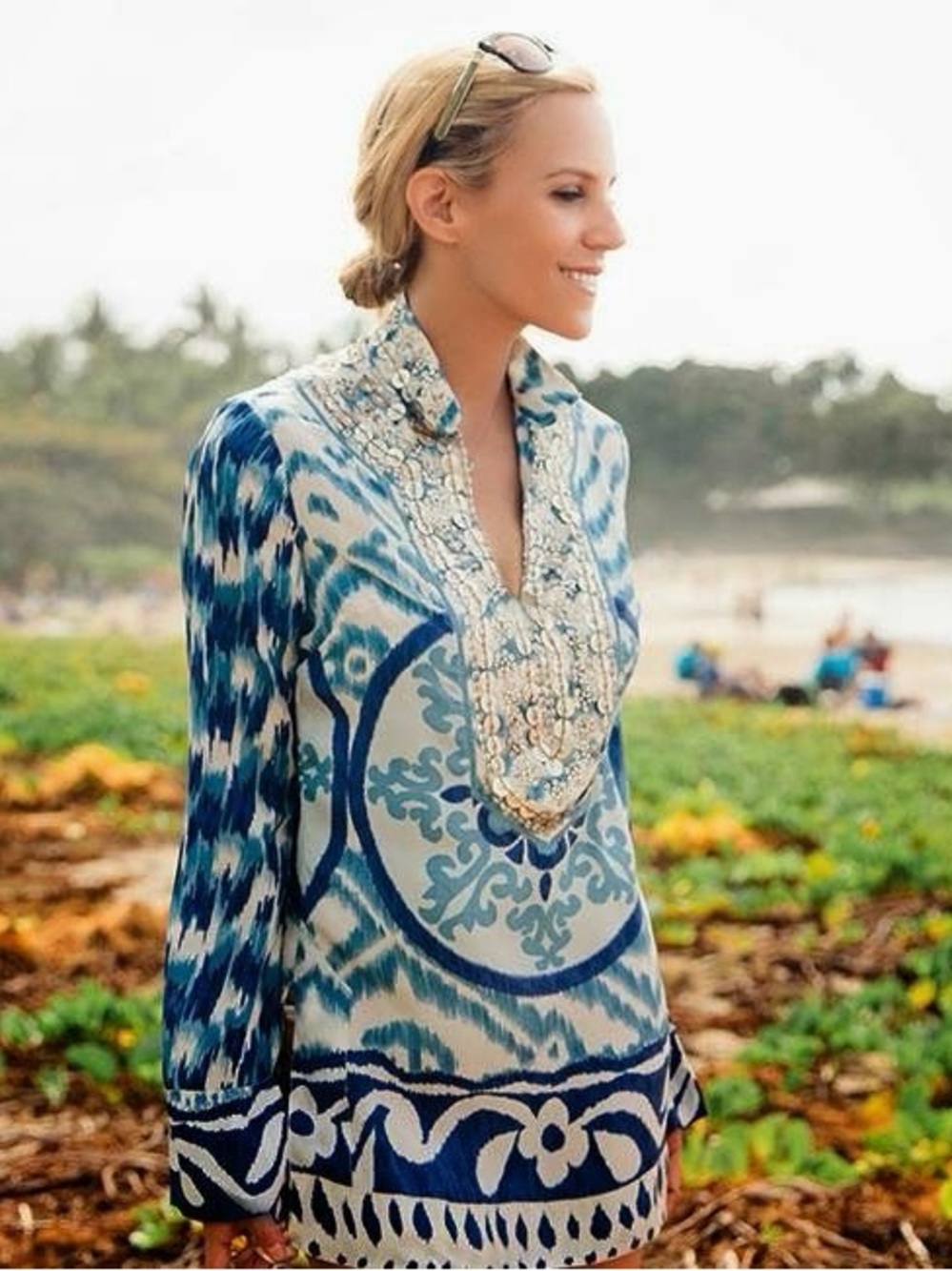 Tory Burch Cream and Blue Embellished Button-Front Tunic